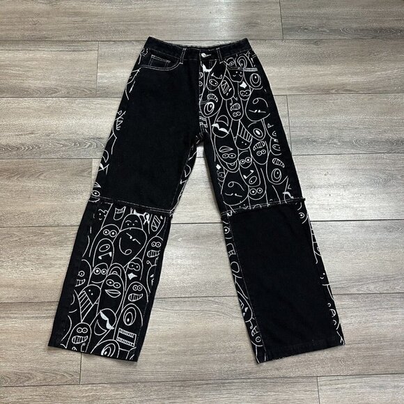 Shein Jeans Size 4 Cartoon Patch Work Raw Hem Loose Black White - Picture 1 of 6